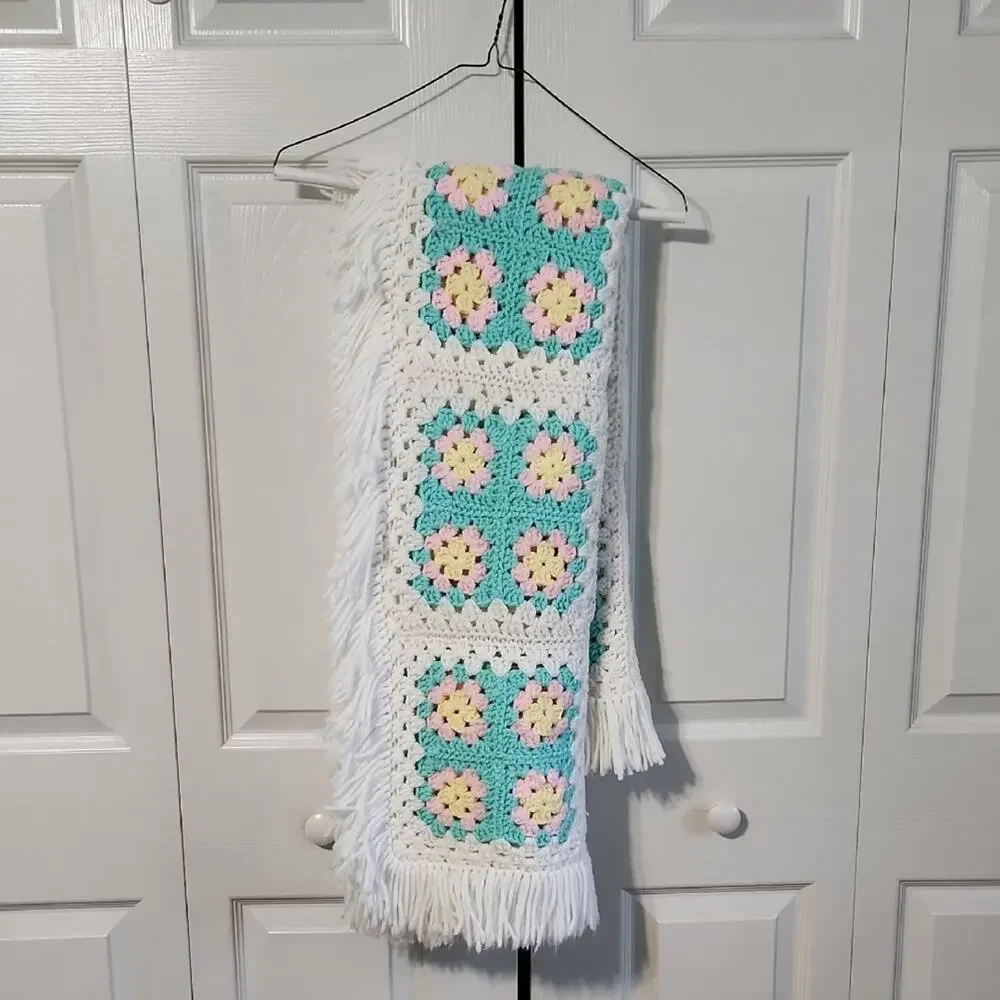 Gender Neutral Handmade Crocheted Baby Blanket Multi-Colored Fringe 57x44 Crib